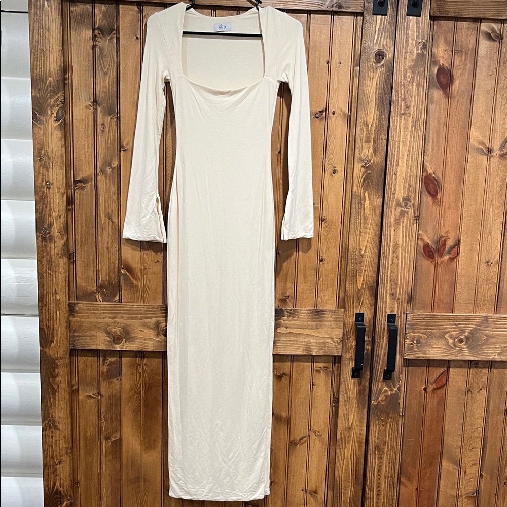 Oh Polly Cream Long Sleeve Maxi Dress with Scoop Neck
